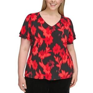 Calvin Klein Women's Red Black Floral V-Neck Flutter Sleeve Top Plus NWT
